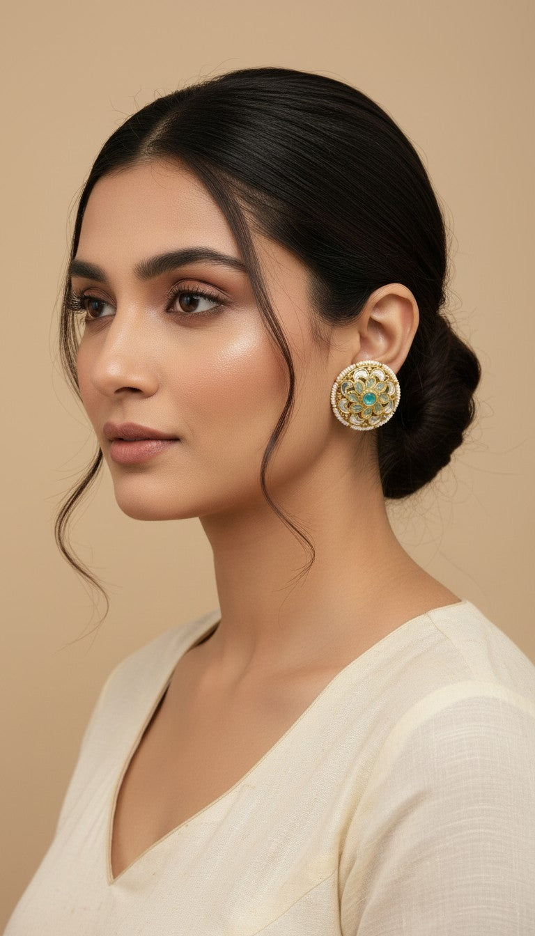 SHE BEAUTY antique kundan tops featuring a floral design with a central green stone and pearl border on a model