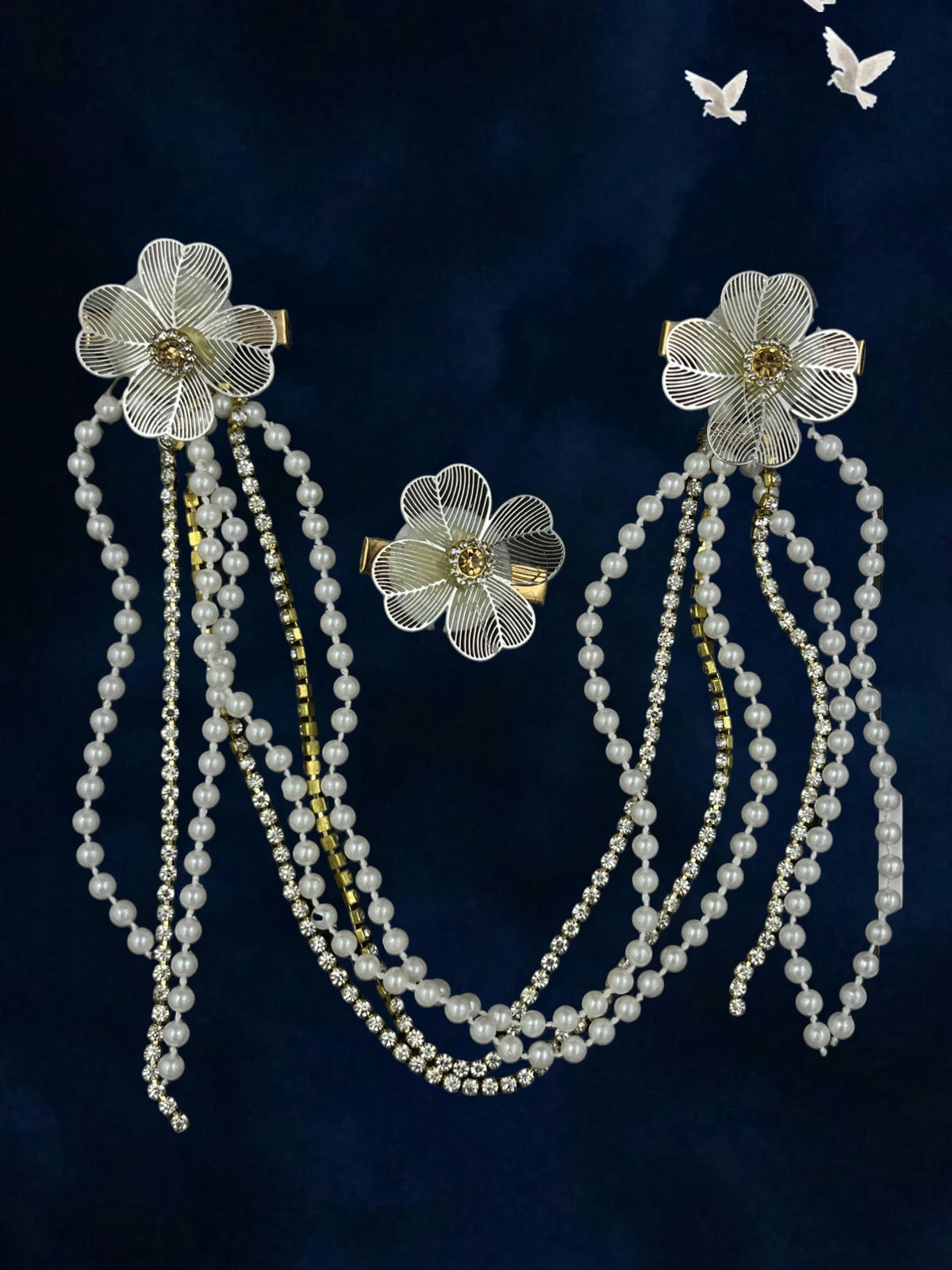 SHE BEAUTY 3 blossoms hair chain clips featuring silver flower charms with pearl and crystal beaded drapes.