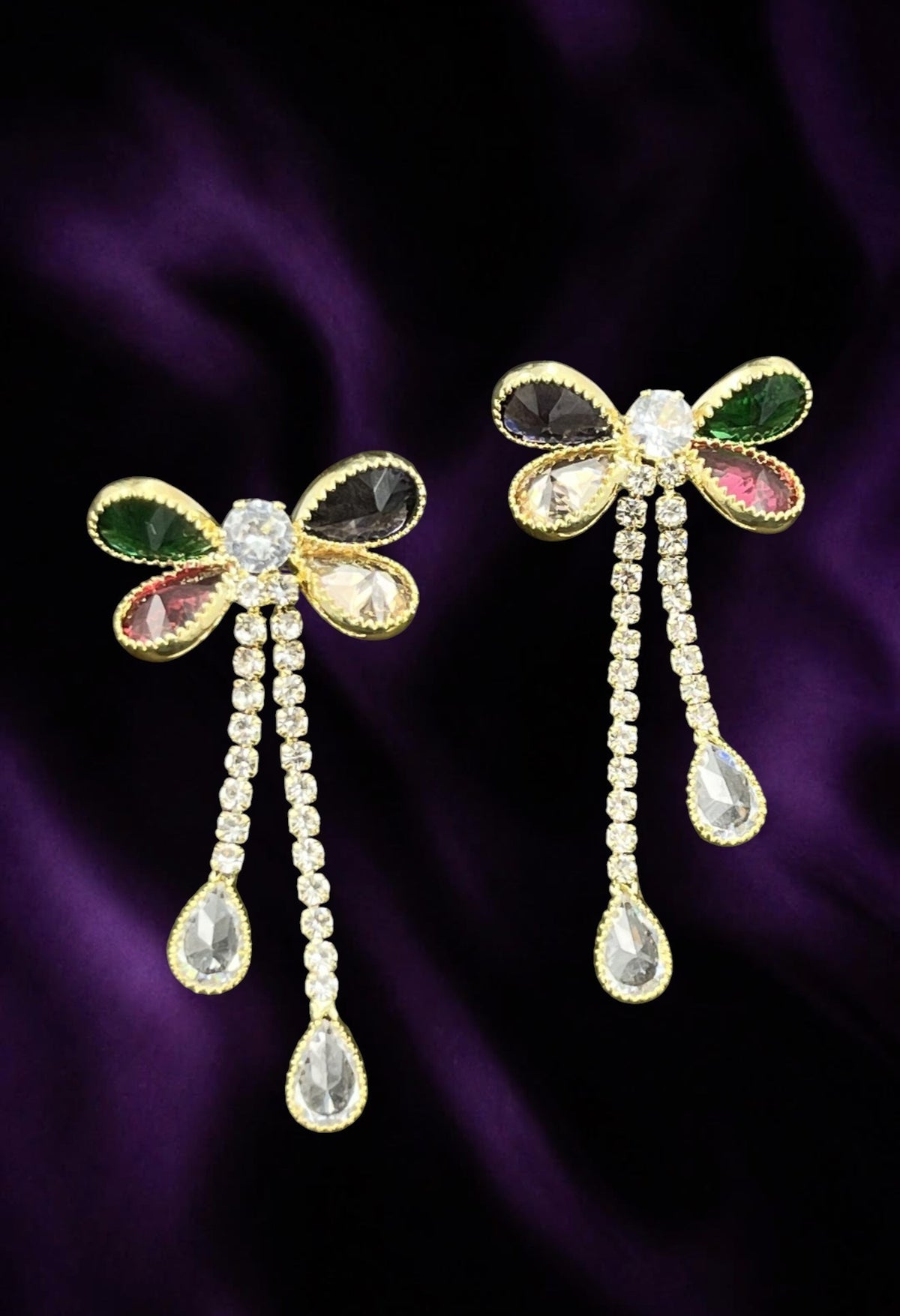 SHE BEAUTY butterfly drop earrings featuring multi-colored crystals and dangling teardrop stones on gold-tone metal.