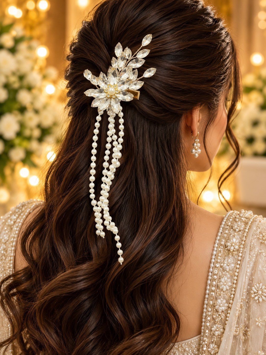 SHE BEAUTY AD cascade pearl trails hair pin featuring crystal flower accents on a woman with long wavy brown hair