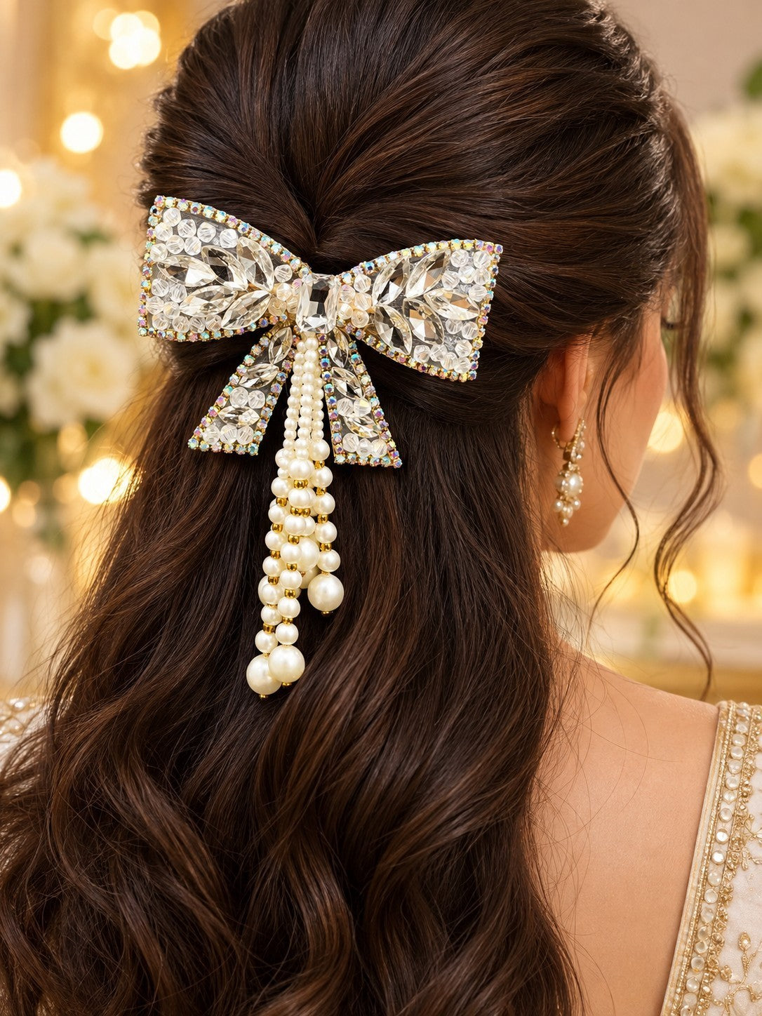 SHE BEAUTY AD Coquette pearl hair pin featuring a crystal bow design with dangling pearl strands in a festive style.