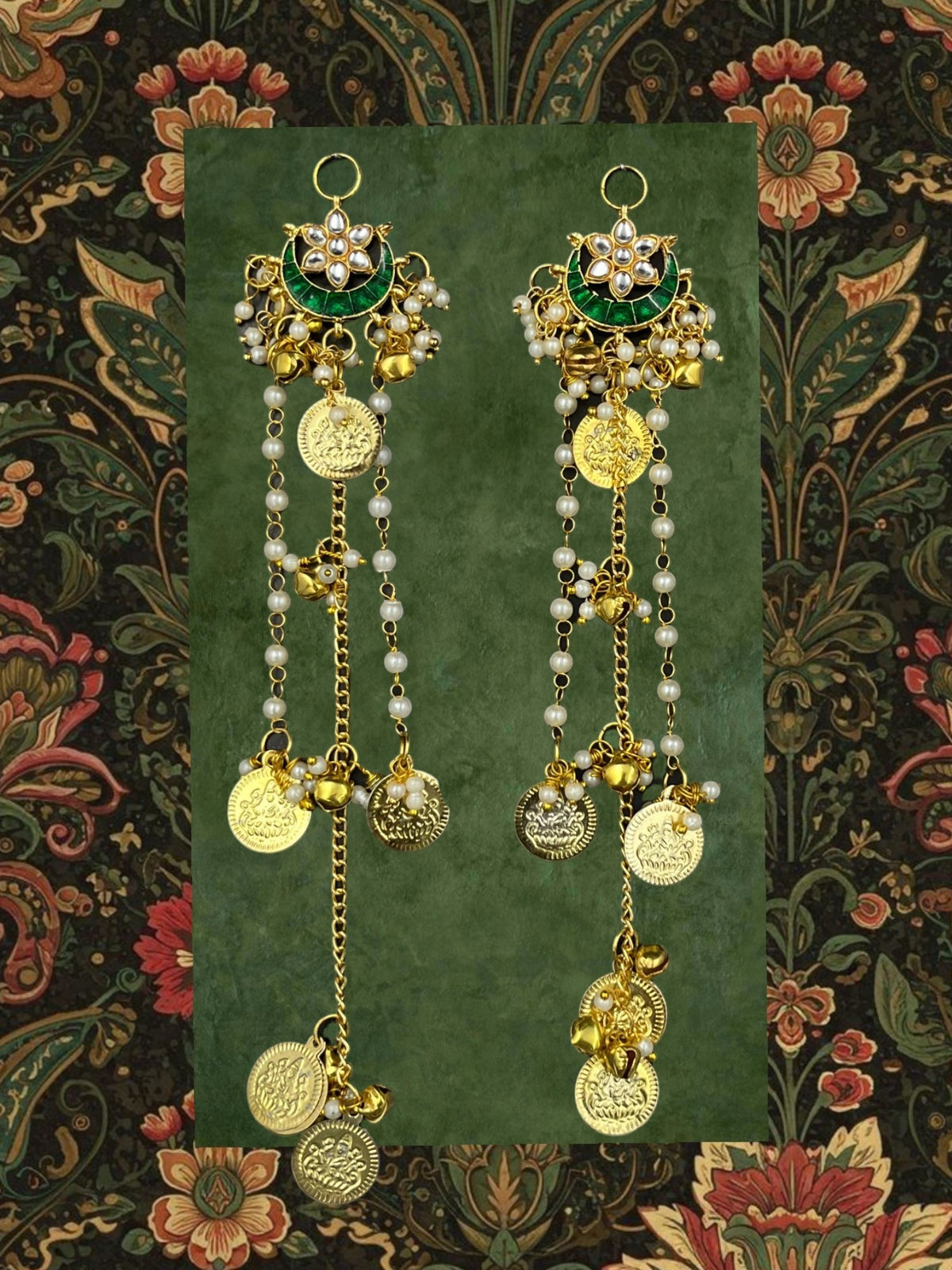 SHE BEAUTY crescent moon earrings with green enamel, white pearls, gold coins, and dangling bells for festive wear.