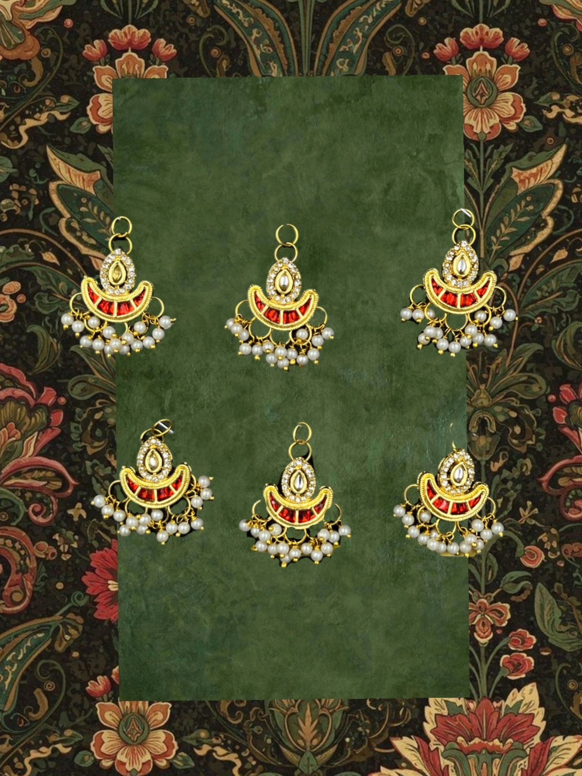 SHE BEAUTY crescent moon meenakari hair beads with gold finish, red enamel, and white pearl accents, set of 6