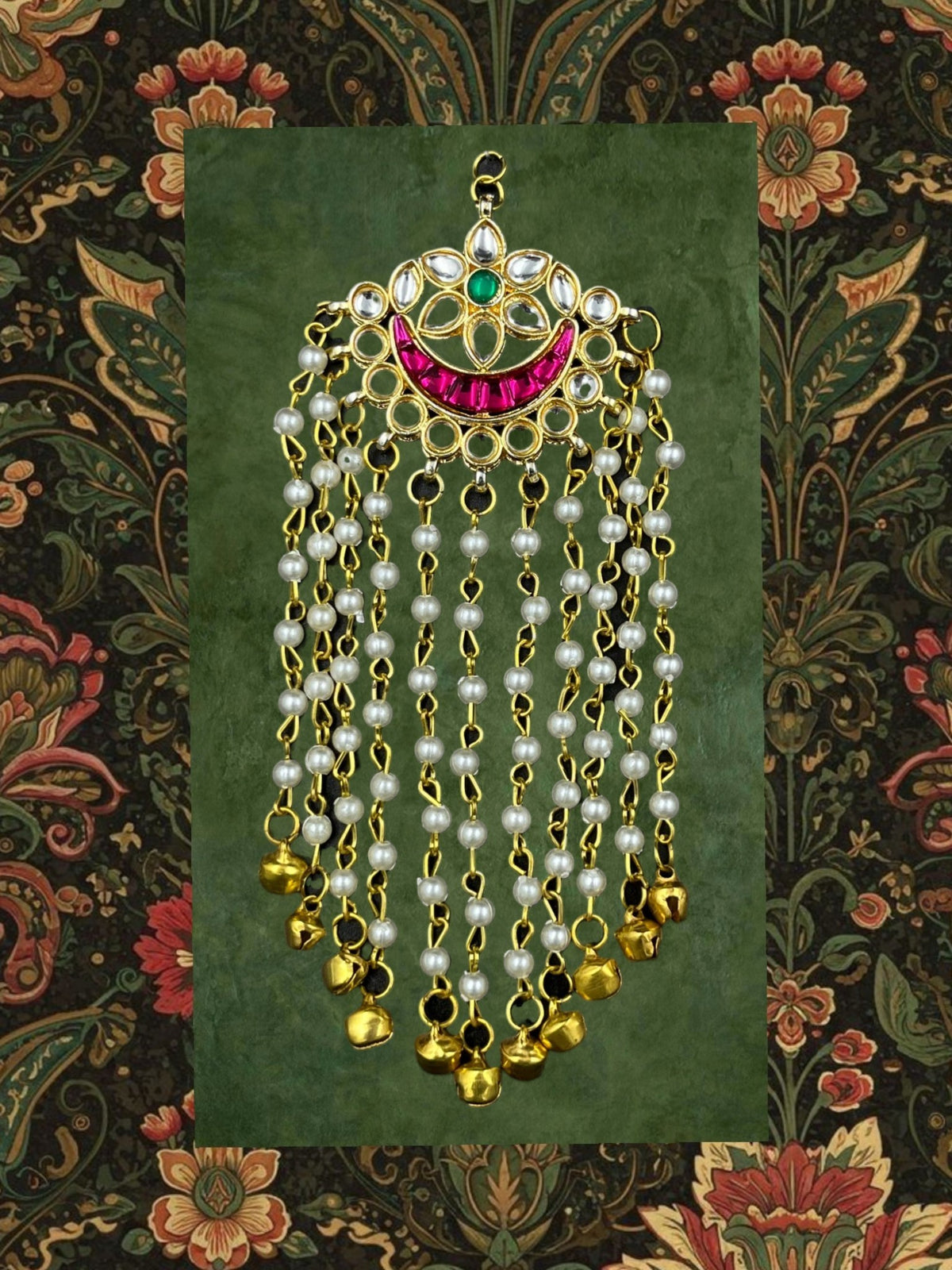 SHE BEAUTY crescent moon hair pin featuring pink meenakari, white pearl beads, and gold bell charms for festive wear.