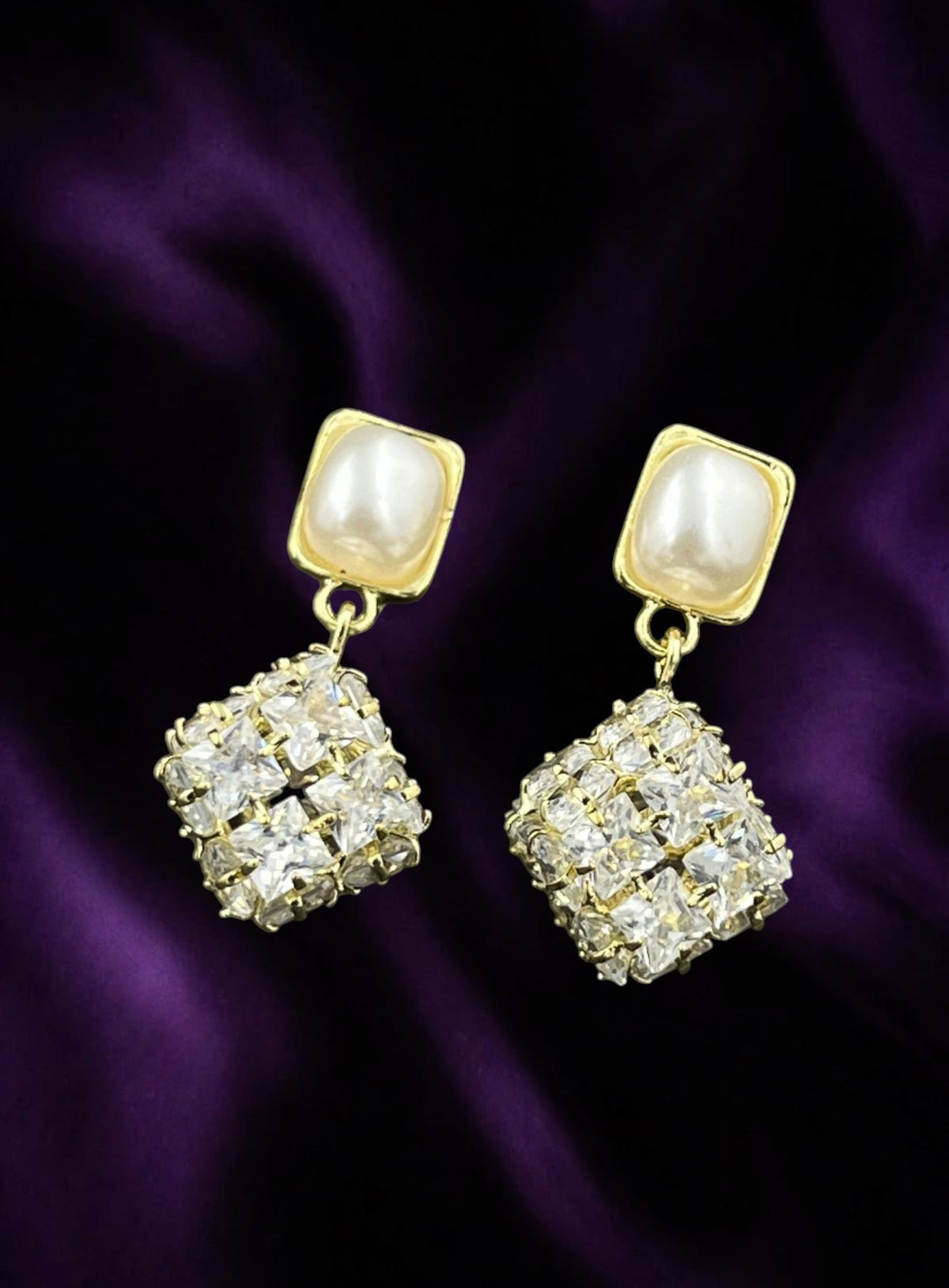 SHE BEAUTY CRYSTAL CUBE earrings featuring square pearl studs and dangling crystal-encrusted cube charms in gold tone