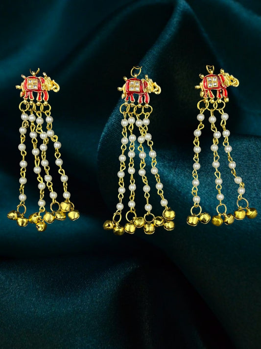 SHE BEAUTY set of 3 elephant meenakari hair accessories with white pearl beads and gold ghungroo dangles