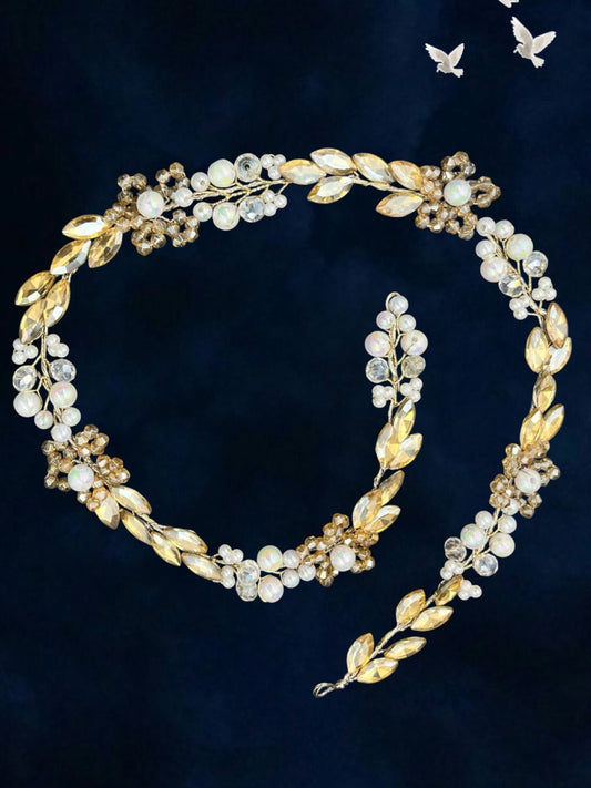 SHE BEAUTY floral crystal and pearl hair vine with gold-tone accents for festive and bridal hairstyles