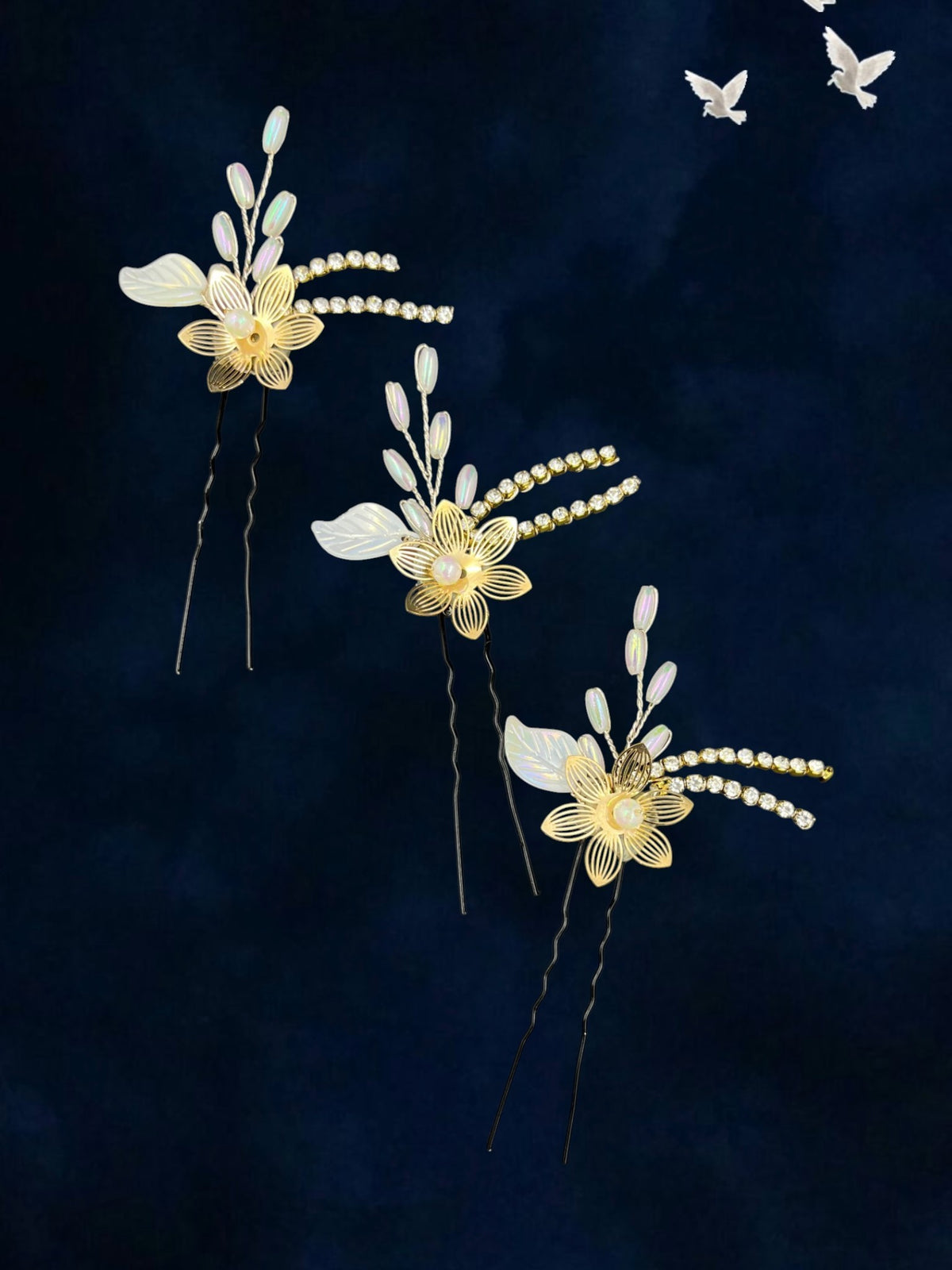 SHE BEAUTY flower pearl bun hair pins with gold metal petals, crystal accents, and white beads for festive styling.