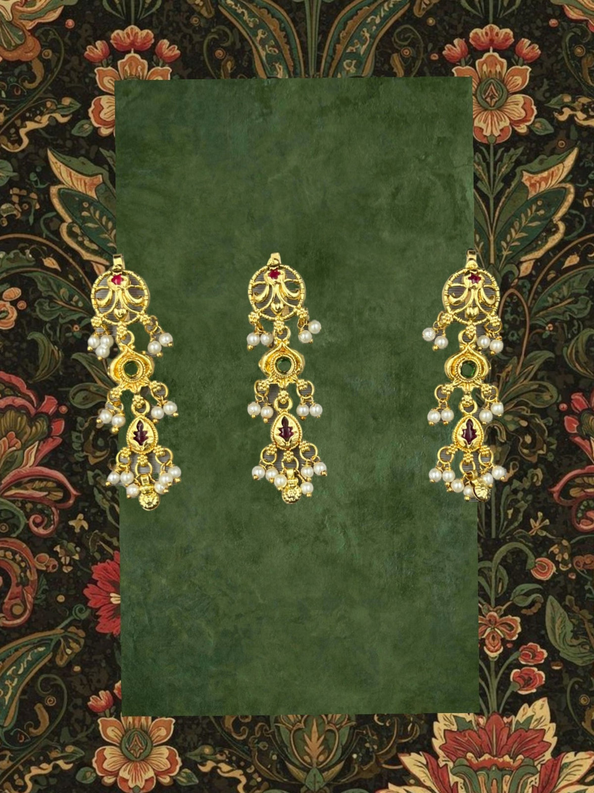 SHE BEAUTY 3-piece gold-tone choti hair accessories with pearl beads and red stone accents for festive hairstyles.