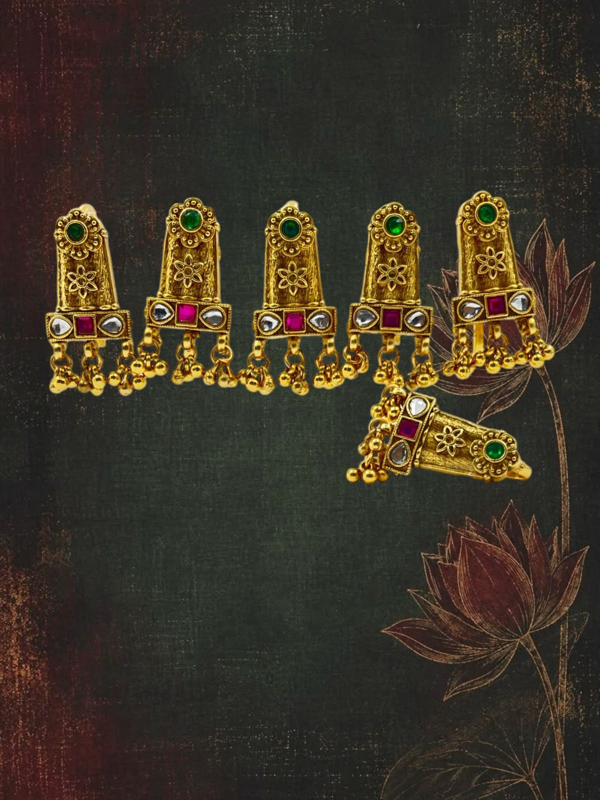 SHE BEAUTY set of 6 gold-toned choti hair pins featuring green and pink stones with dangling bead accents