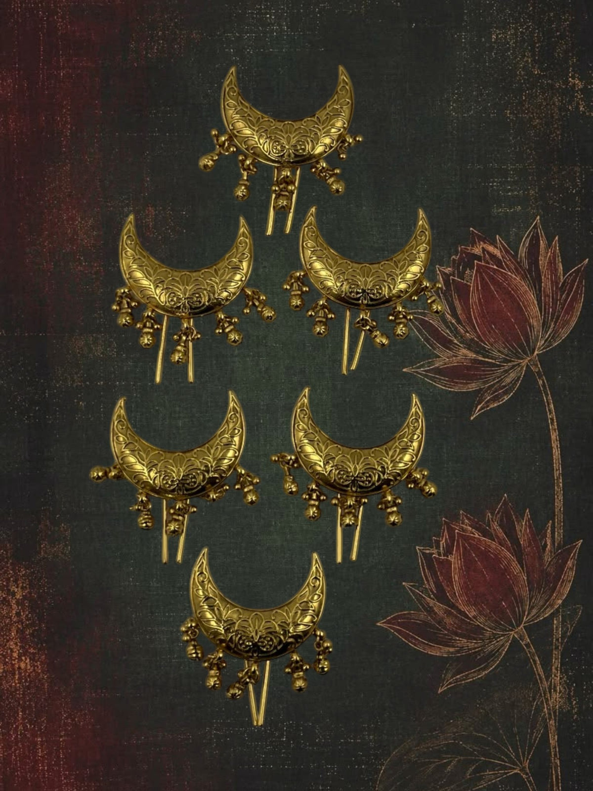 SHE BEAUTY set of 6 gold-toned crescent moon braid charms with intricate floral engraving and dangling bead accents.