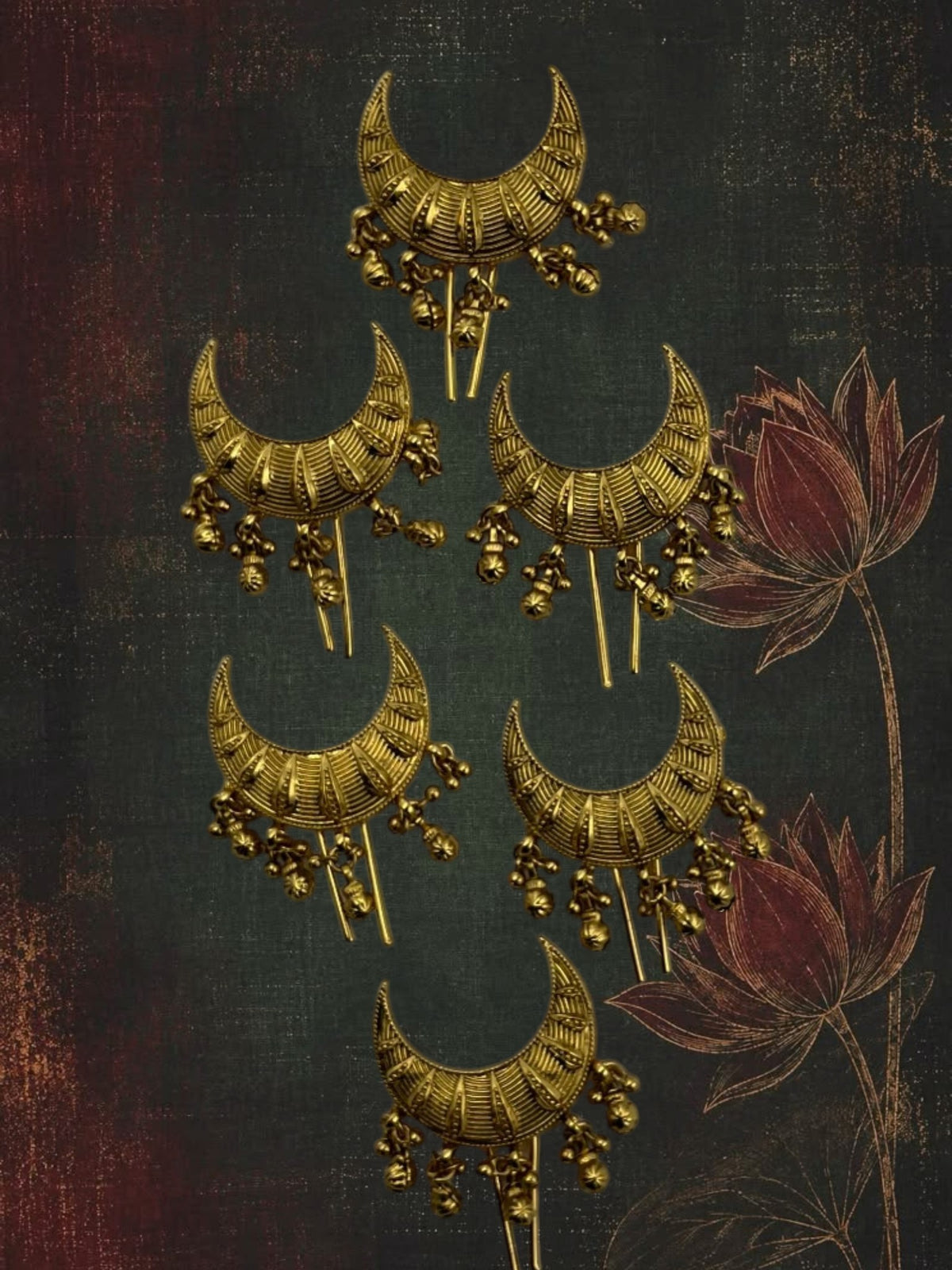 SHE BEAUTY set of 6 gold-toned crescent-shaped Kashmiri charms with dangling bells for festive and party wear.