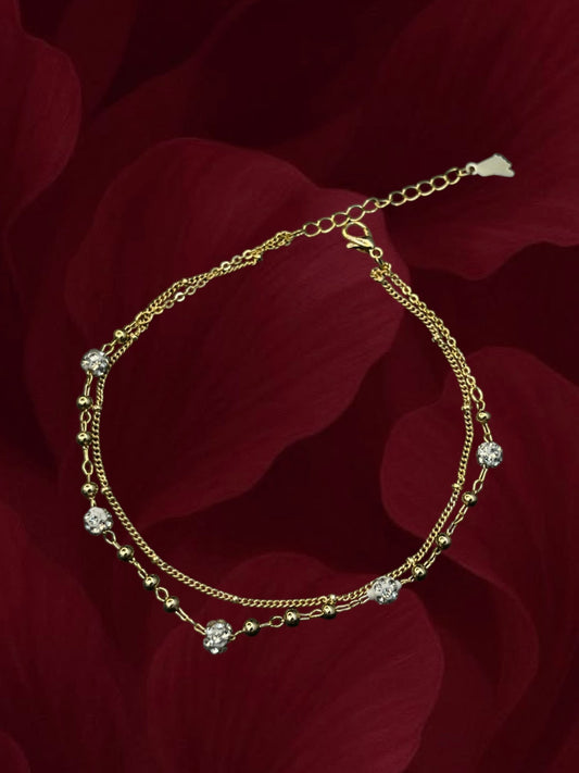 SHE BEAUTY anti-tarnish gold-toned double-chain anklet for girls with sparkling crystal accents