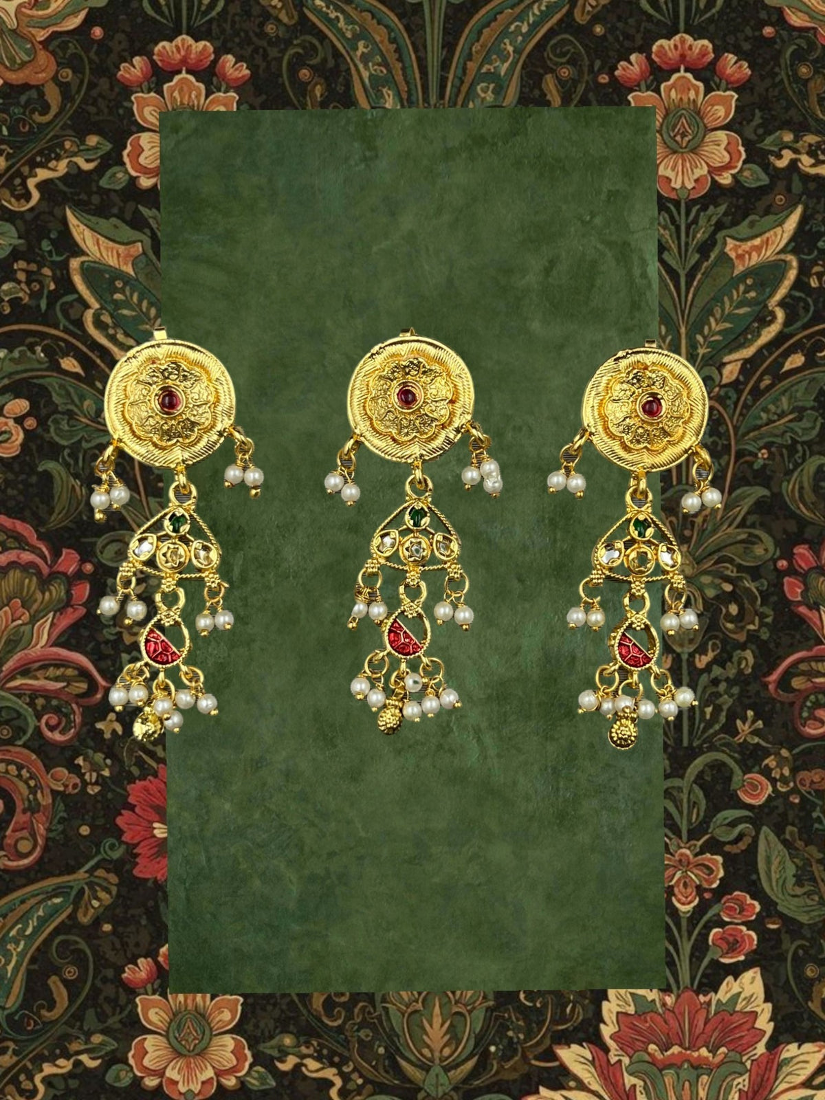 SHE BEAUTY set of three gold flower choti hair accessories featuring red stones, green accents, and pearl dangles.