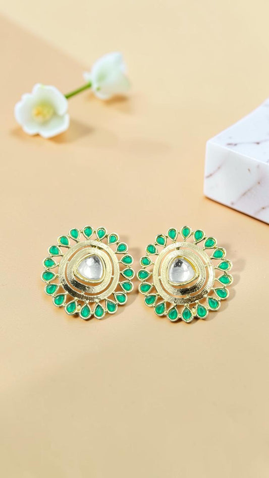 SHE BEAUTY round gold-tone kundan tops featuring a central stone surrounded by green teardrop accents