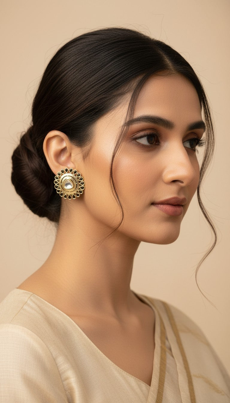 SHE BEAUTY round gold-toned kundan stud earrings with intricate floral detailing worn by a woman in a beige saree.