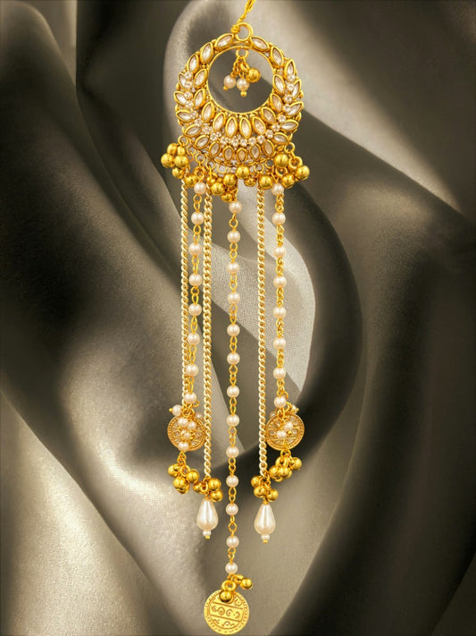SHE BEAUTY gold-toned hair accessory with AD petals, white pearls, and hanging coin charms for festive styling.