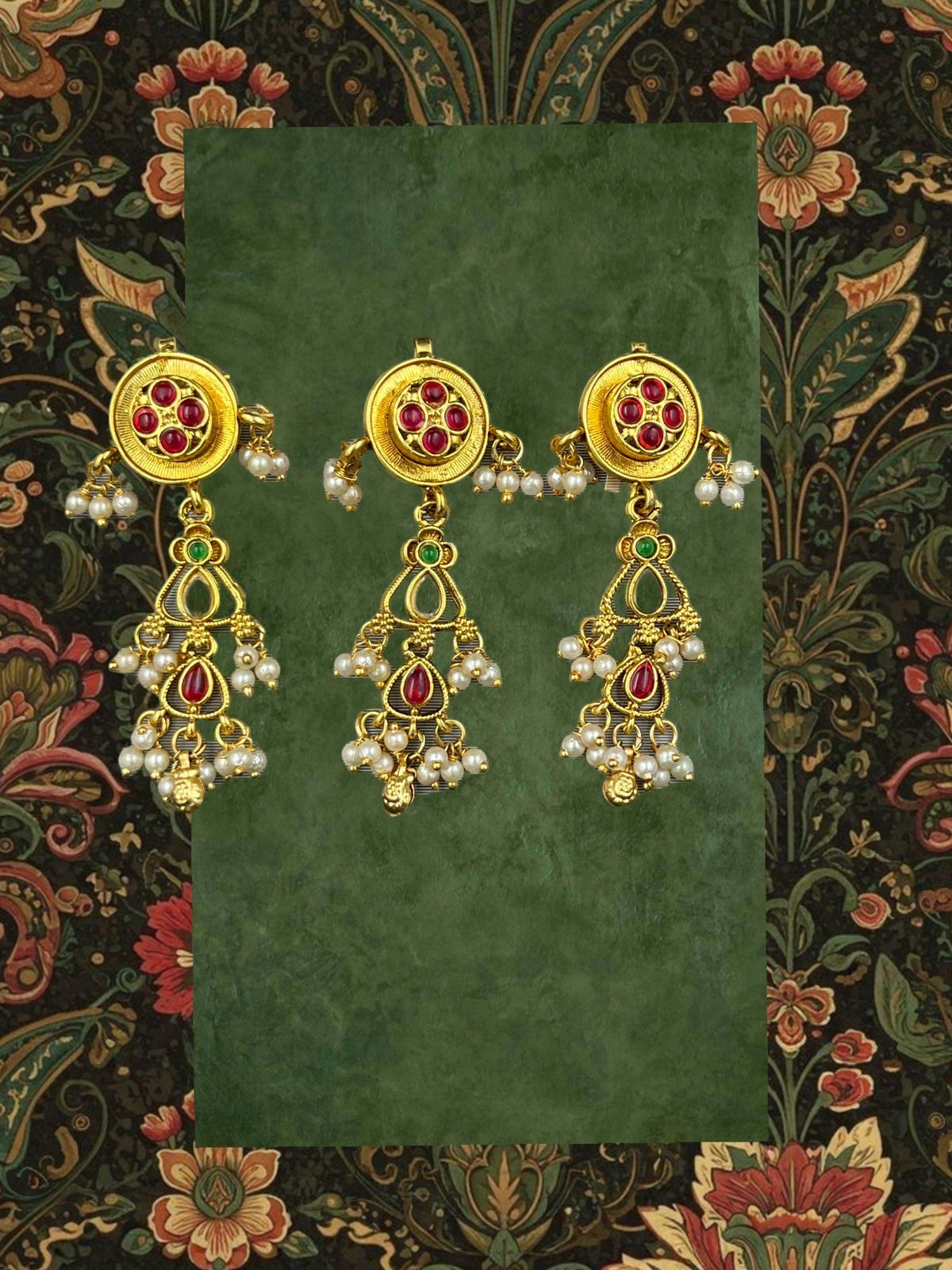 SHE BEAUTY 3-piece Jadau choti hair accessories featuring gold-tone metal, red stones, and white pearl bead accents.