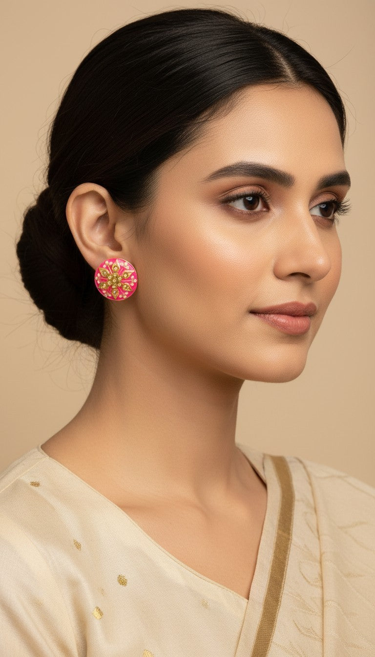 SHE BEAUTY Jaipuri round tops featuring pink enamel and intricate gold floral detailing worn by a woman