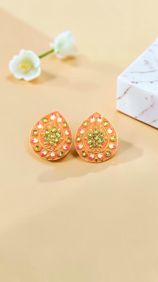 SHE BEAUTY Jaipuri tops featuring peach enamel teardrop studs with intricate gold detailing and floral accents