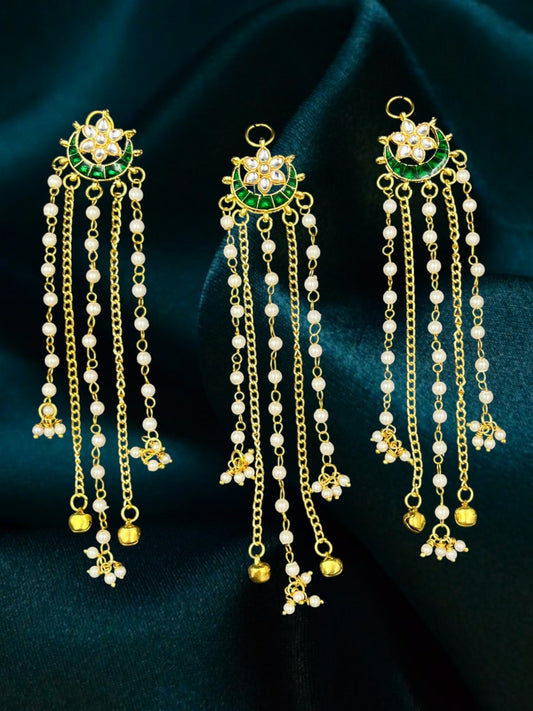 SHE BEAUTY Kashmiri crescent moon hair accessories with green meenakari, kundan, pearl chains, and gold ghungroo bells.