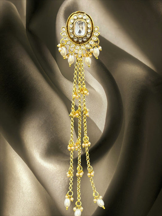 SHE BEAUTY Kashmiri pearls and kundan stone hair brooch with delicate gold chain trails for festive hairstyles