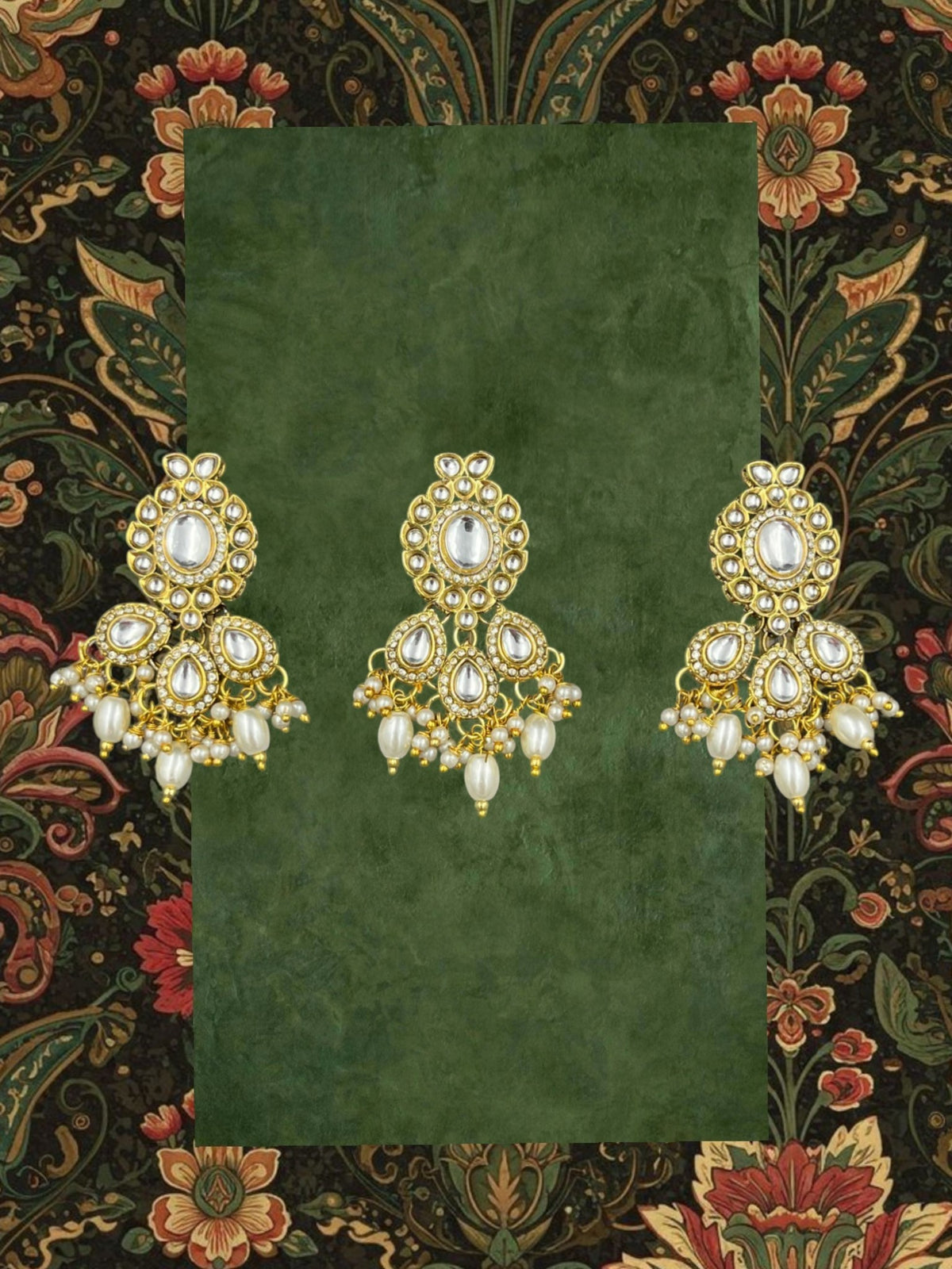 SHE BEAUTY set of three gold-toned Kundan choti hair accessories featuring white stones and hanging pearl beads