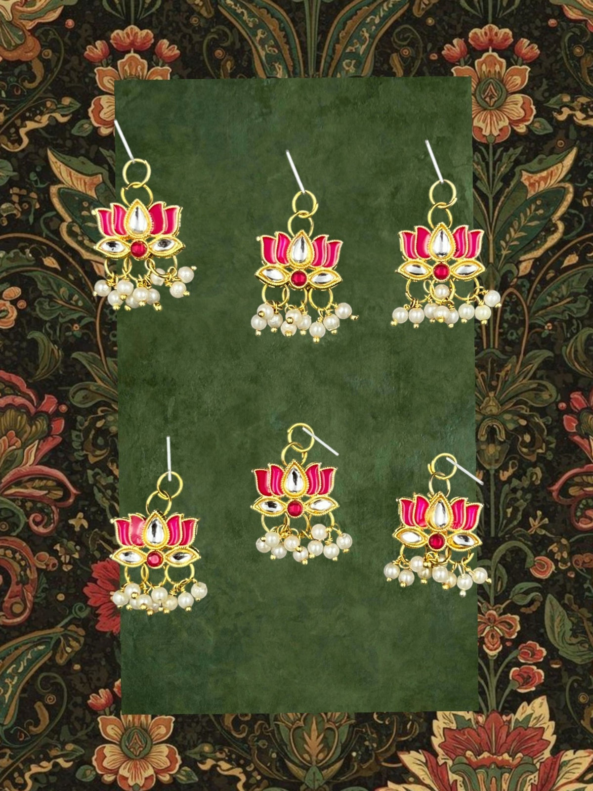 SHE BEAUTY set of 6 gold-toned lotus hair beads with pink Meenakari enamel, Kundan stones, and dangling pearl accents.