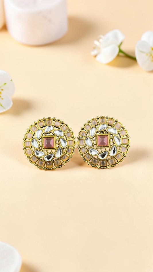 SHE BEAUTY premium kundan tops with gold-tone metal, pink square stones, and white petal-shaped accents for ethnic wear