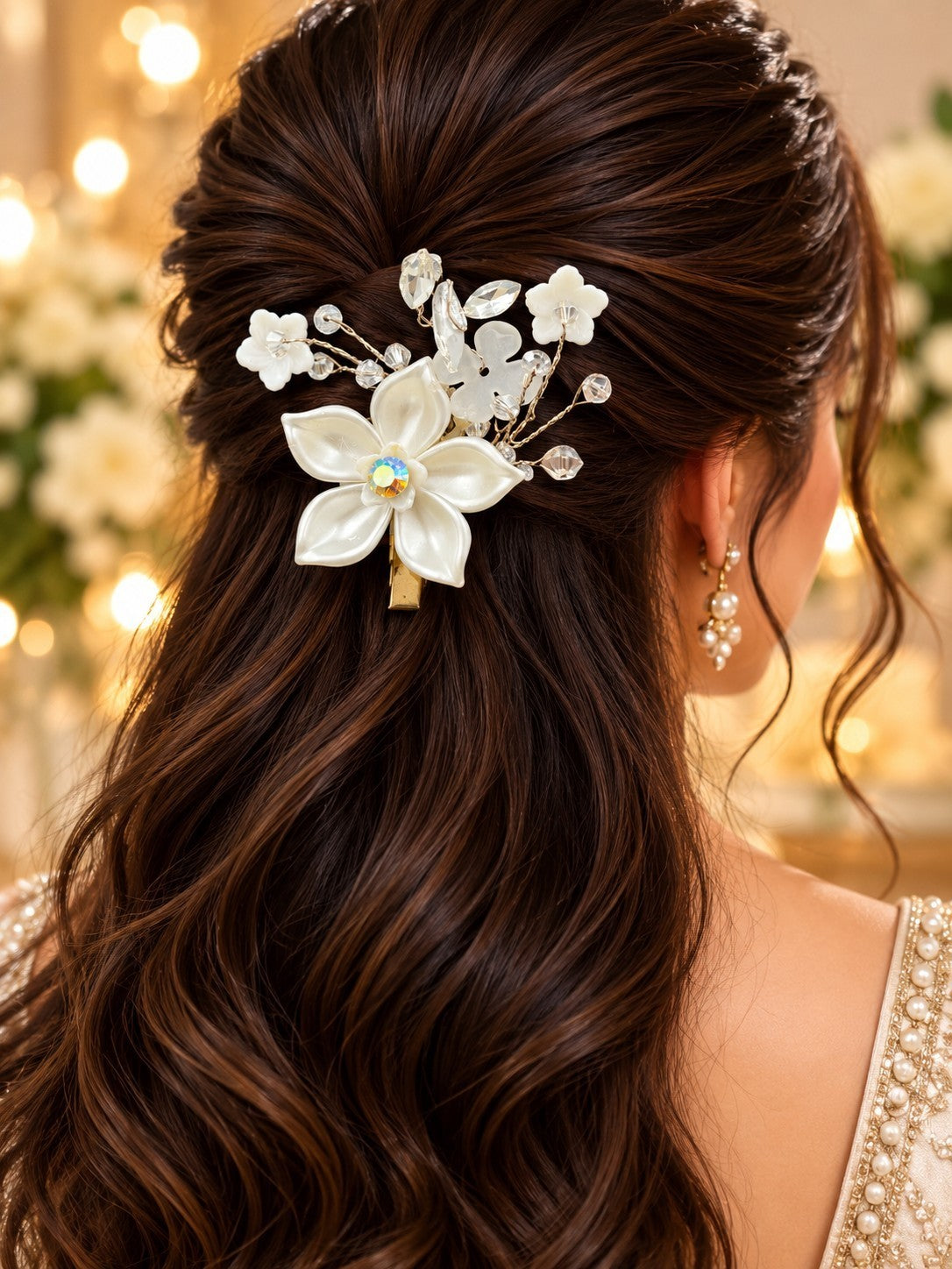 SHE BEAUTY AD LILY BLOOM hair pin featuring white floral petals with crystal accents worn in long wavy brown hair