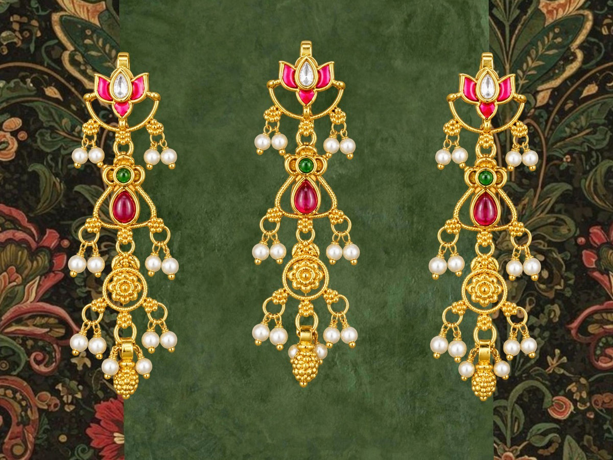 SHE BEAUTY 3-piece lotus choti hair accessories in gold-tone metal with pink, green stones and pearl bead accents.