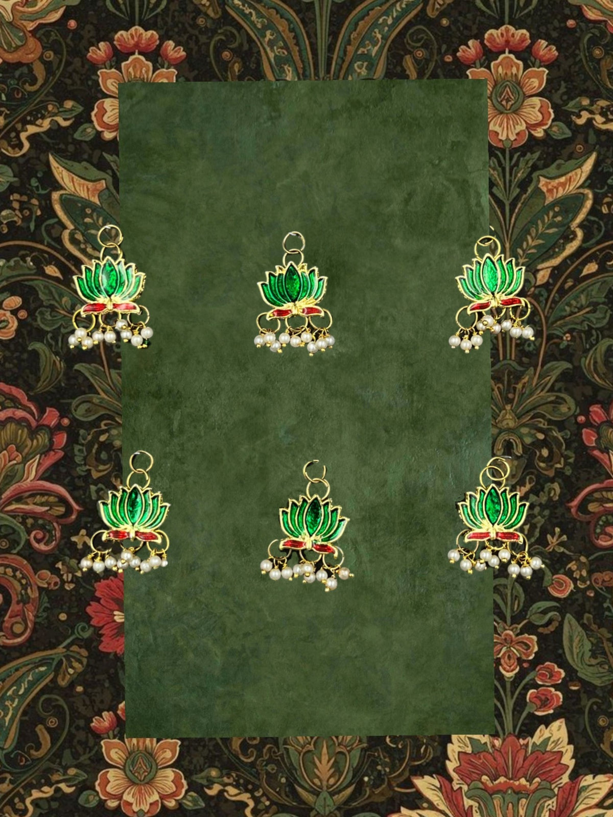 SHE BEAUTY set of 6 lotus-shaped Meenakari hair beads with green enamel, red accents, and hanging white pearl drops.
