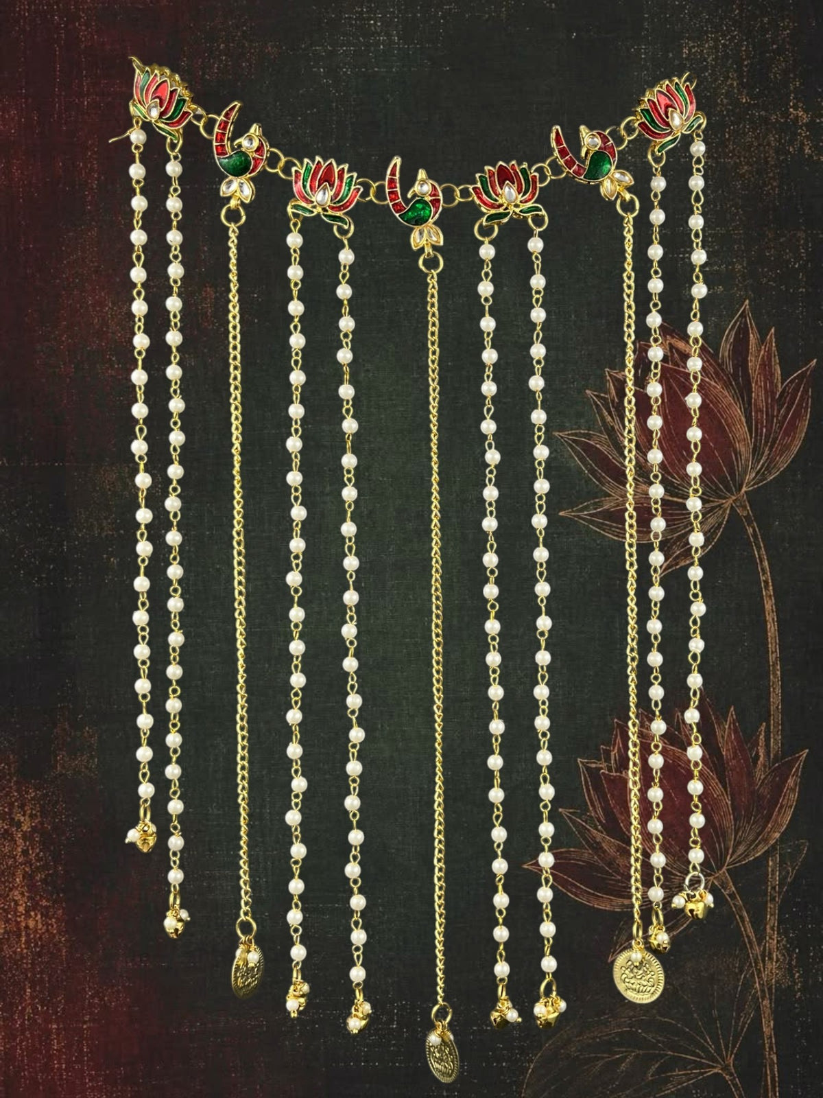 SHE BEAUTY lotus peacock meenakari hair tiara with pearl beaded chains, gold coin accents, and hanging bell tassels.