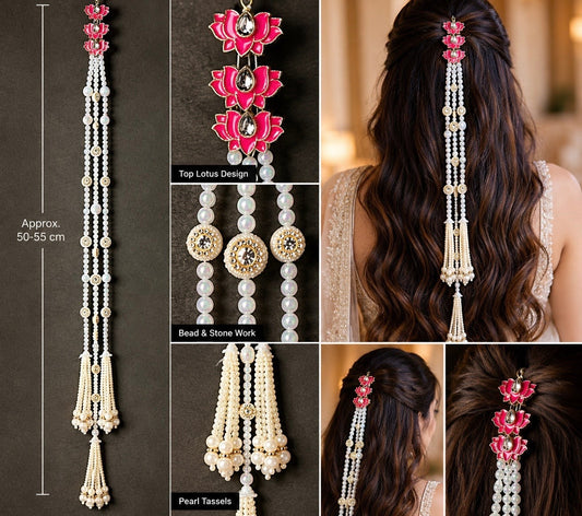 SHE BEAUTY triple trail braid accessory featuring pink lotus motifs, white pearls, and sparkling stone accents.