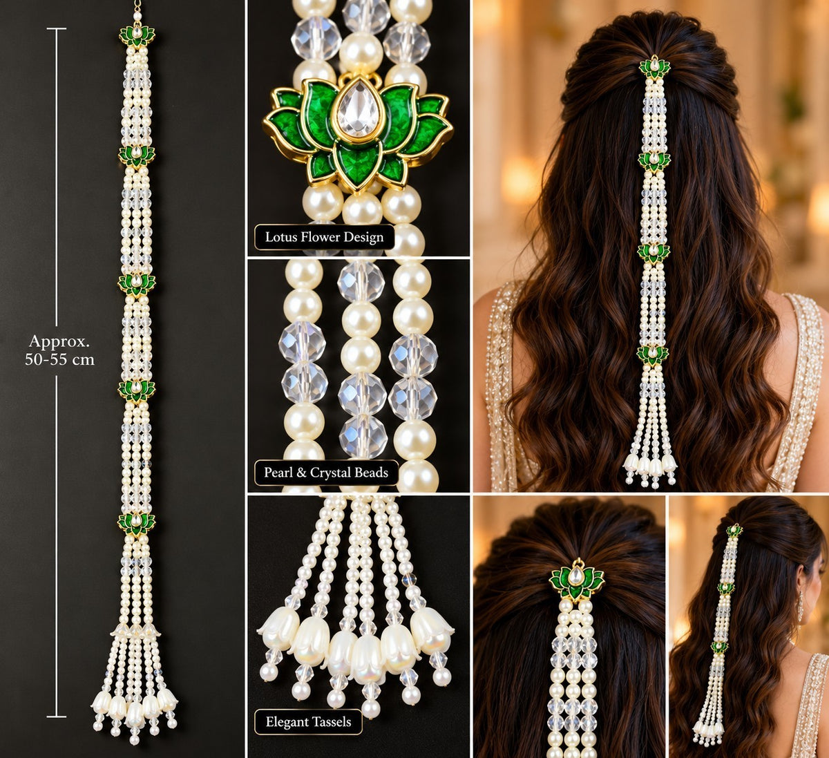SHE BEAUTY lotus pearl and crystal triple trail braid hair accessory with floral accents and elegant hanging tassels