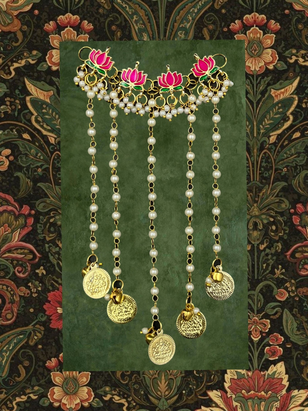 SHE BEAUTY hair vine featuring pink lotus motifs, white pearl beads, and gold coin charms with hanging bells.