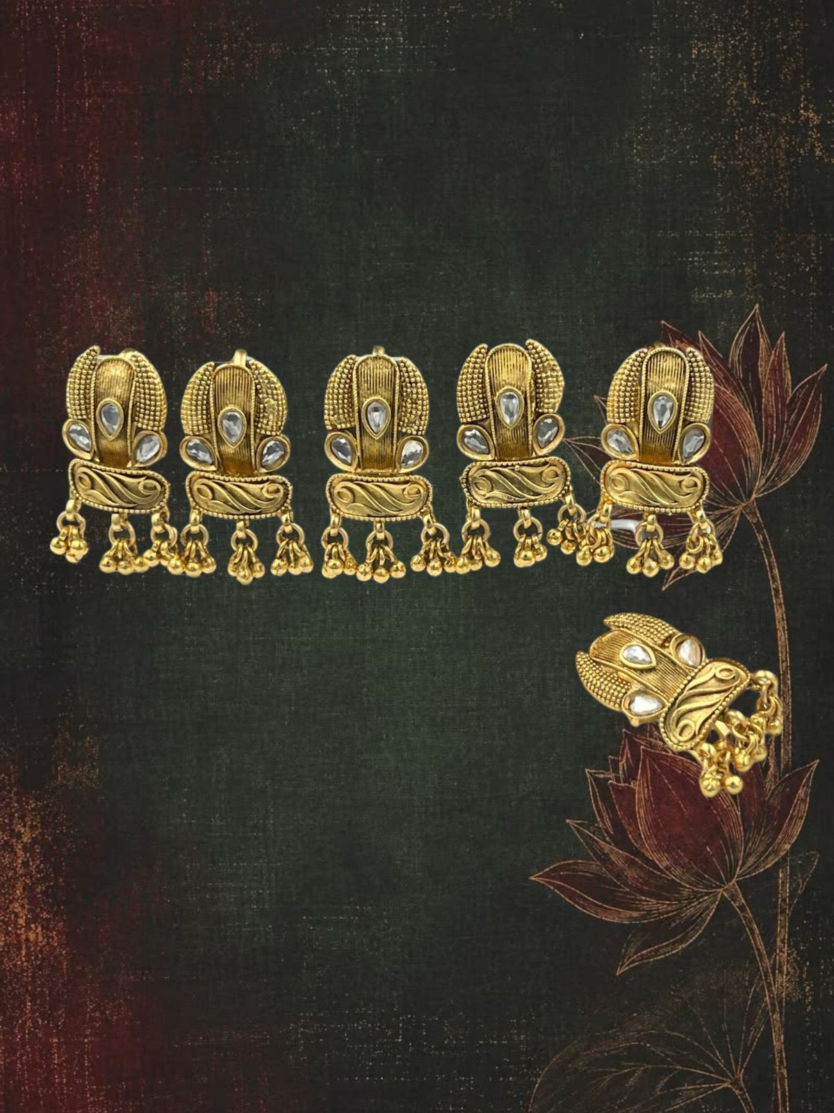 SHE BEAUTY set of 6 matt gold pins with intricate textured detailing and small dangling beads for festive wear.