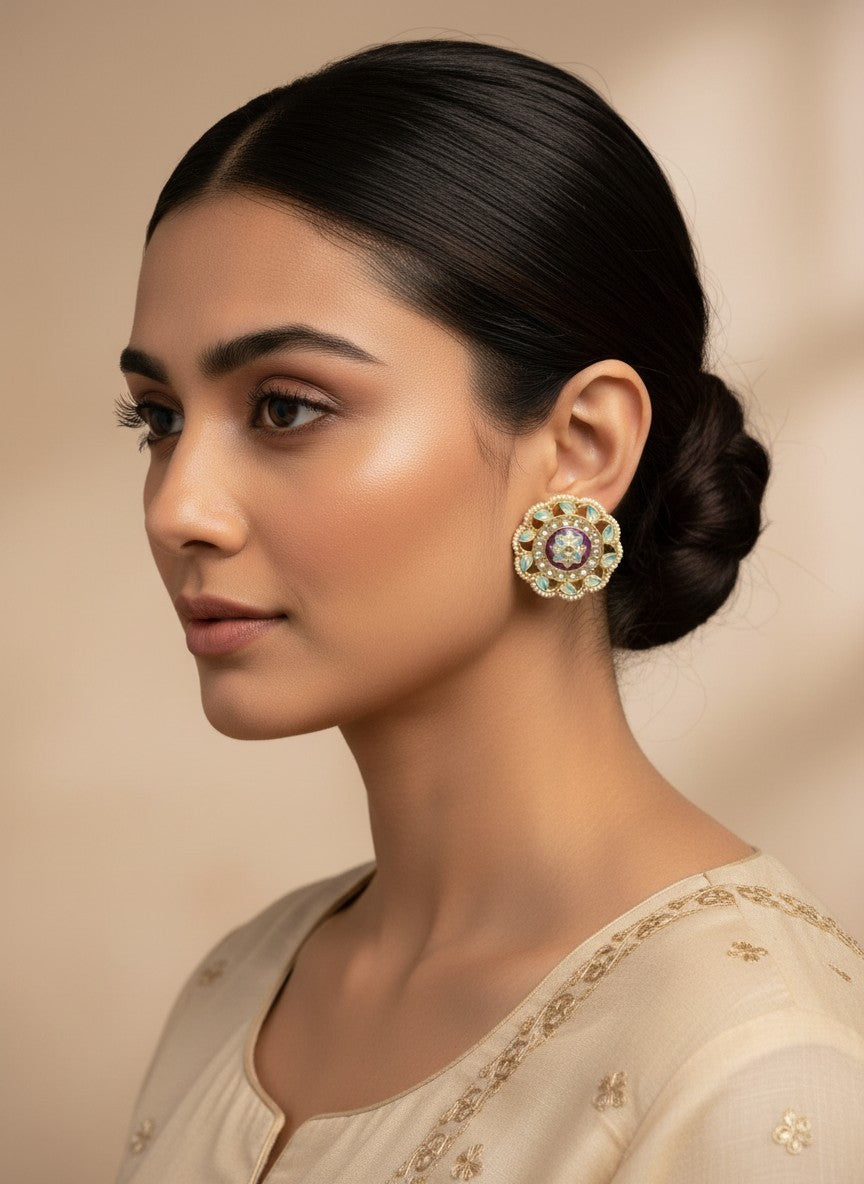 SHE BEAUTY Meenakari Kundan tops featuring intricate floral enamel work and pearl accents worn by a woman