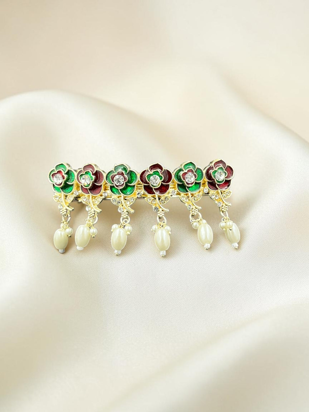 SHE BEAUTY AD Rose Meenakari pearl barrette featuring floral enamel motifs with dangling pearls and crystal accents.