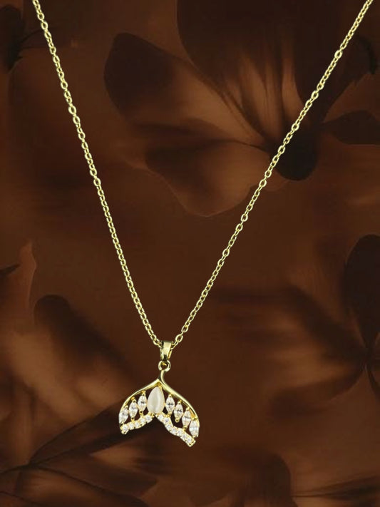 SHE BEAUTY gold-toned mermaid tail pendant necklace with white stone accents for festive and everyday wear