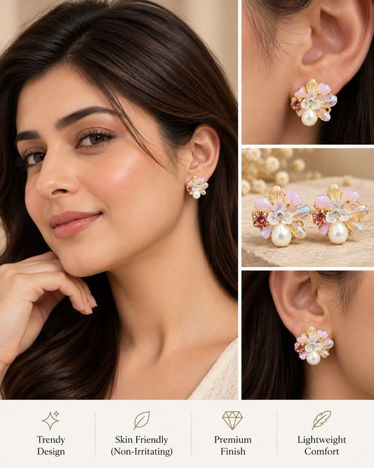 SHE BEAUTY Pearl Fantasy floral stud earrings with pink crystals and a central pearl for festive party wear.