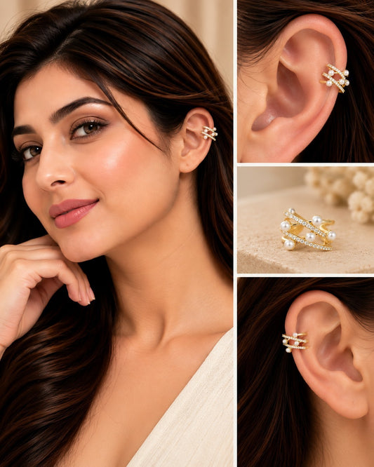 SHE BEAUTY gold-toned pearly loop ear cuff with crystal accents worn by a woman for a stylish party look.