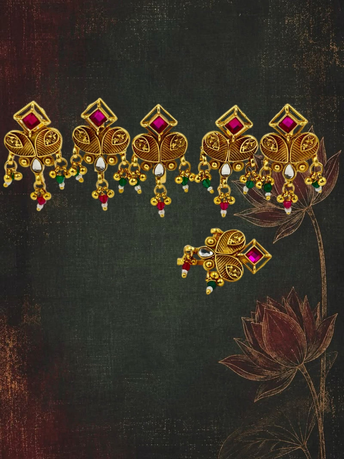 SHE BEAUTY set of 6 gold-toned Shahi Jhumka pins featuring pink square stones and decorative bead accents