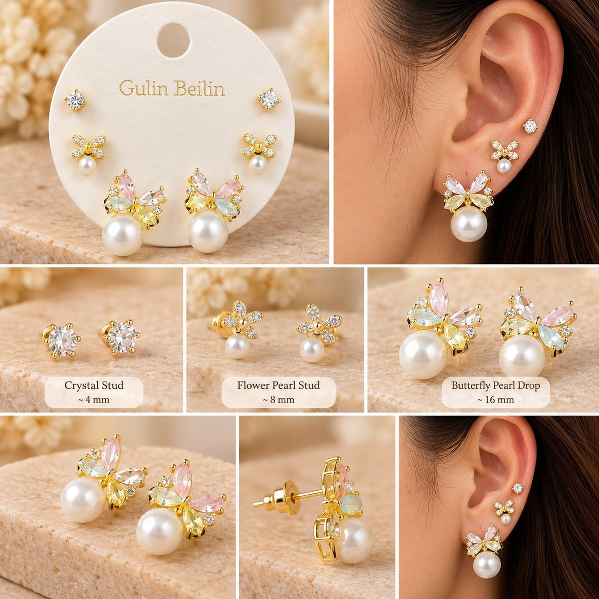 SHE BEAUTY zirconia stud earring set featuring butterfly pearl drops, flower studs, and crystal accents in gold tone.