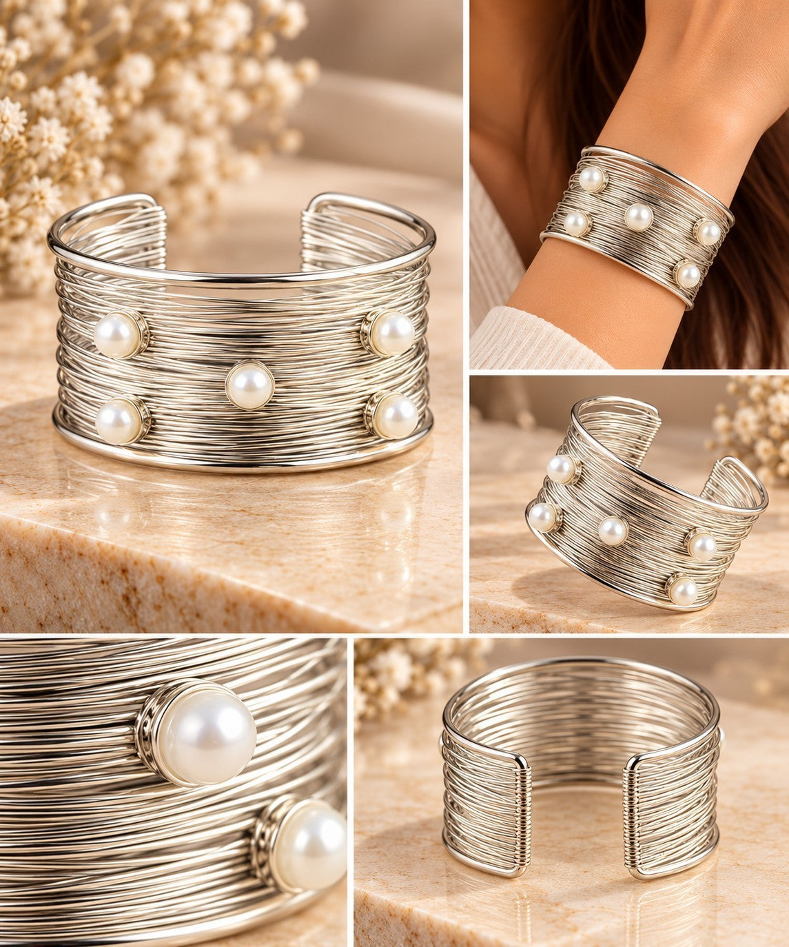 5 PEARLS MULTILAYERS SILVER BRACELET