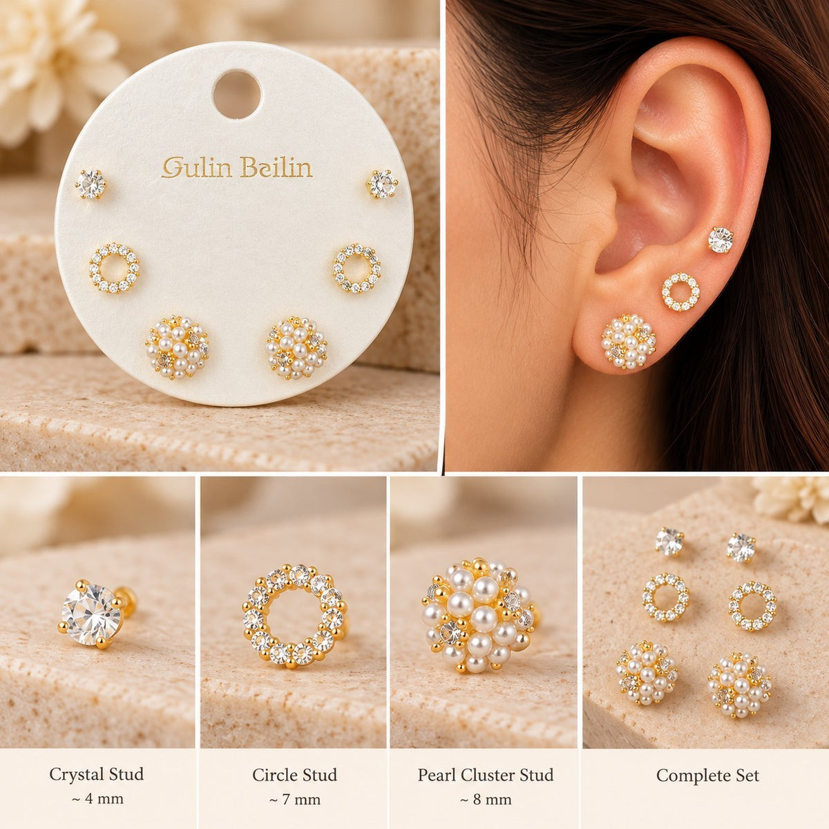SHE BEAUTY 925 AD stud earring set featuring crystal, circle, and pearl cluster designs in gold-tone metal.