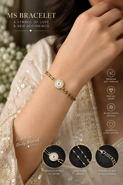 SHE BEAUTY anti-tarnish mangalsutra bracelet with gold-tone finish, sparkling AD stones, and delicate black beads.