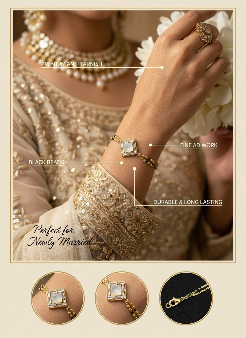 SHE BEAUTY anti-tarnish mangalsutra bracelet with black beads and a square AD stone center on a woman's wrist.