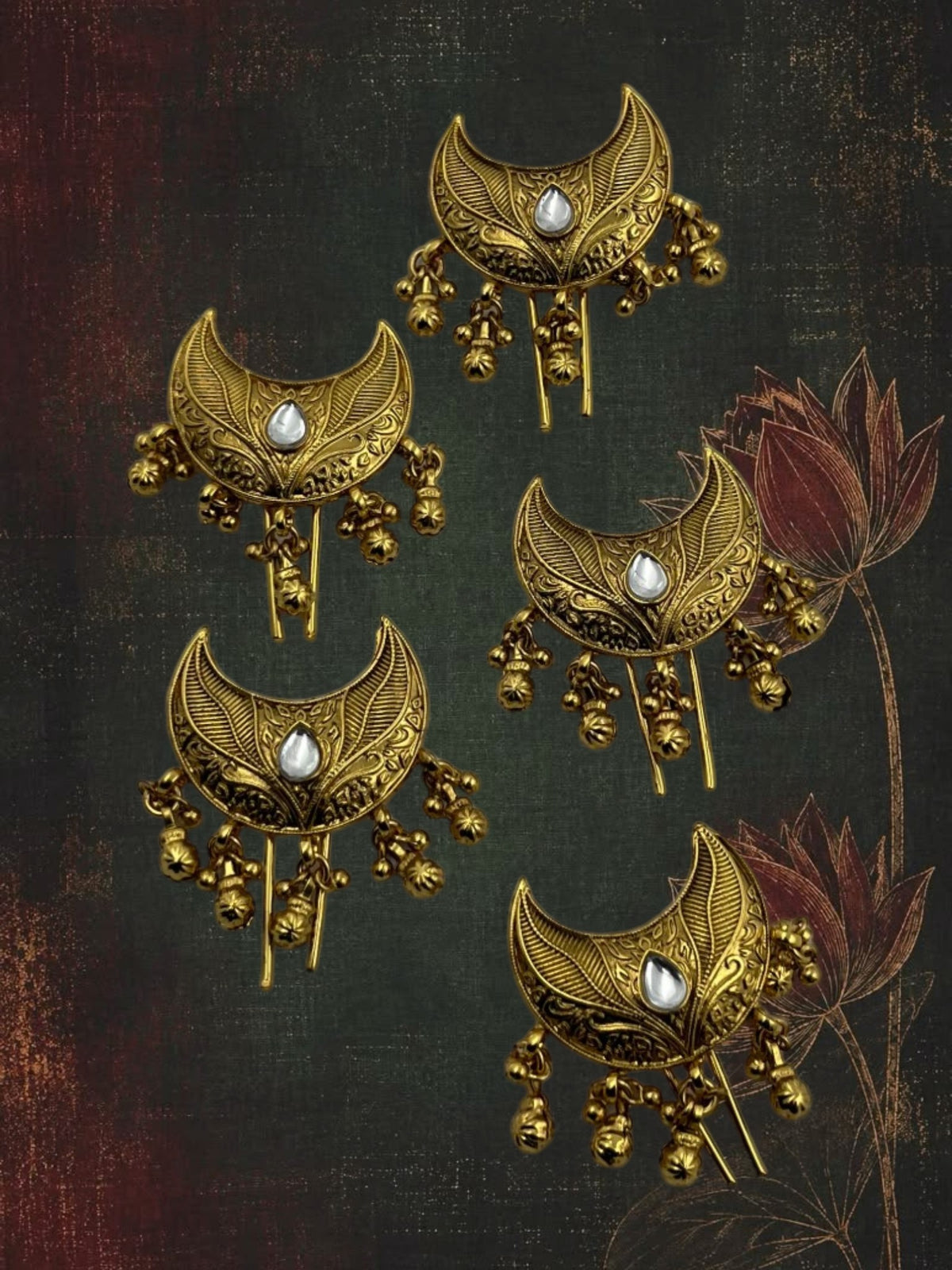 SHE BEAUTY antique gold crescent charms with white stone accents and dangling beads for festive jewelry styling