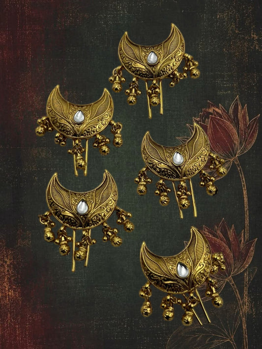 SHE BEAUTY antique gold crescent charms with white stone accents and dangling beads for festive jewelry styling
